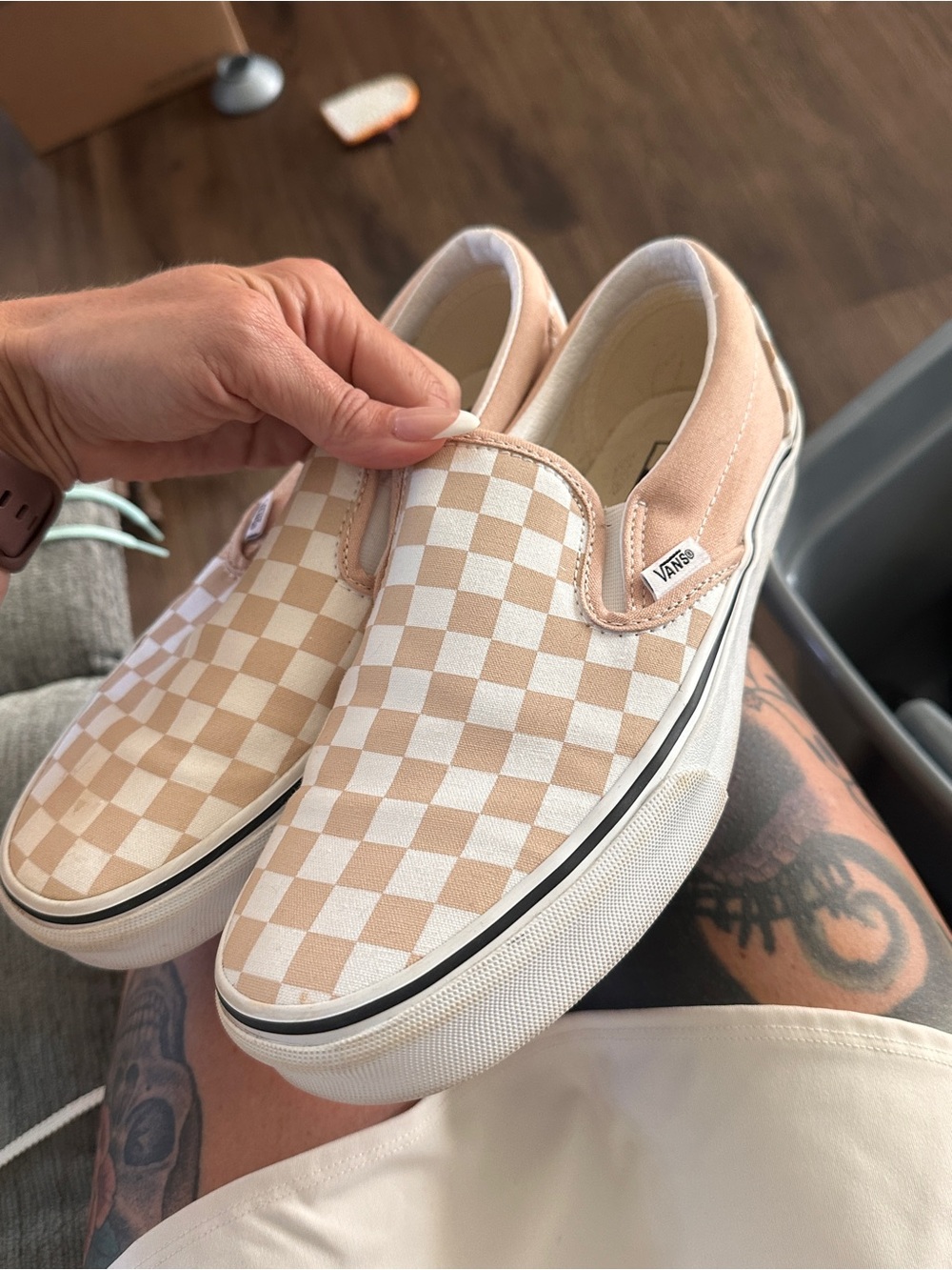 Vans Slip-On Checkerboard Sneakers in Beige and White